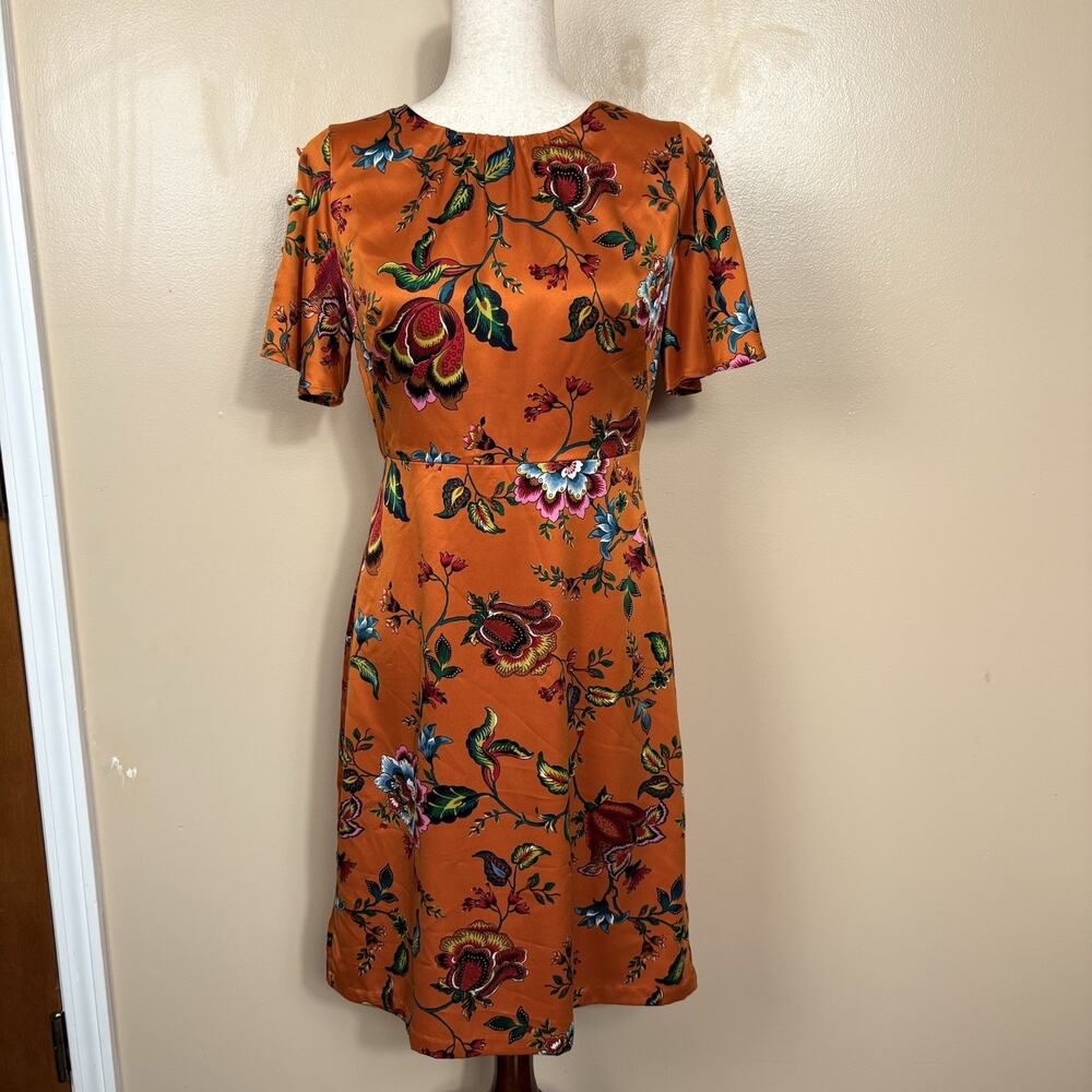 Ann Taylor Factory Orange Satin Floral Midi Dress SIze 2 Romantic Cottagecore
